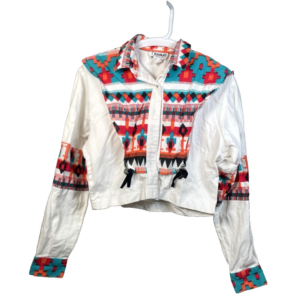 VTG Banjo Dallas Texas Cowgirl Western Crop Top Shirt Aztec‎ Southwestern Medium
